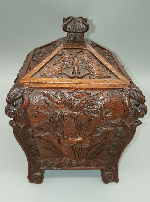 beautiful early 20thc chinese carved wood pewter tea caddy - CATEGORY: ANTIQUE BOXES - DATED 1900