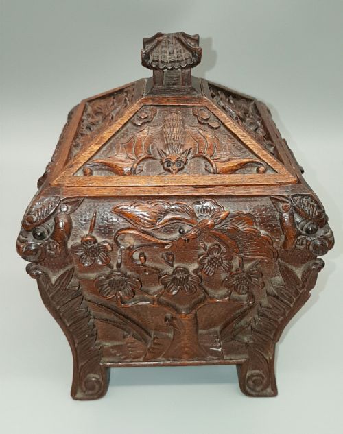 BEAUTIFUL EARLY 20THC CHINESE CARVED WOOD PEWTER TEA CADDY - ADDITIONAL PHOTO 1