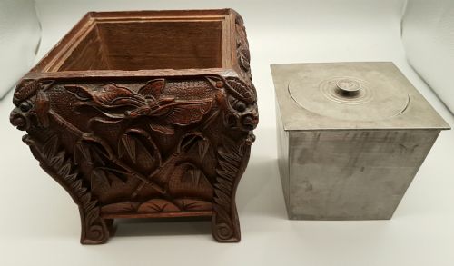 BEAUTIFUL EARLY 20THC CHINESE CARVED WOOD PEWTER TEA CADDY - ADDITIONAL PHOTO 4