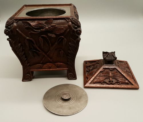 BEAUTIFUL EARLY 20THC CHINESE CARVED WOOD PEWTER TEA CADDY - ADDITIONAL PHOTO 5