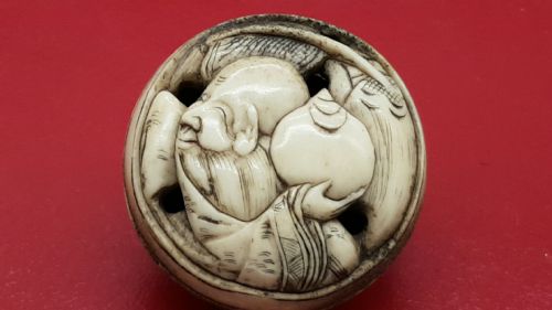 japanese edo stag antler manju netsuke depicting jurojin the god of longevity - CATEGORY: ANTIQUE MISCELLANEOUS - DATED 19TH CENTURY