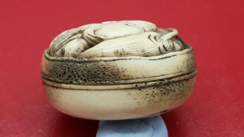 JAPANESE EDO STAG ANTLER MANJU NETSUKE DEPICTING JUROJIN THE GOD OF LONGEVITY - ADDITIONAL PHOTO 2