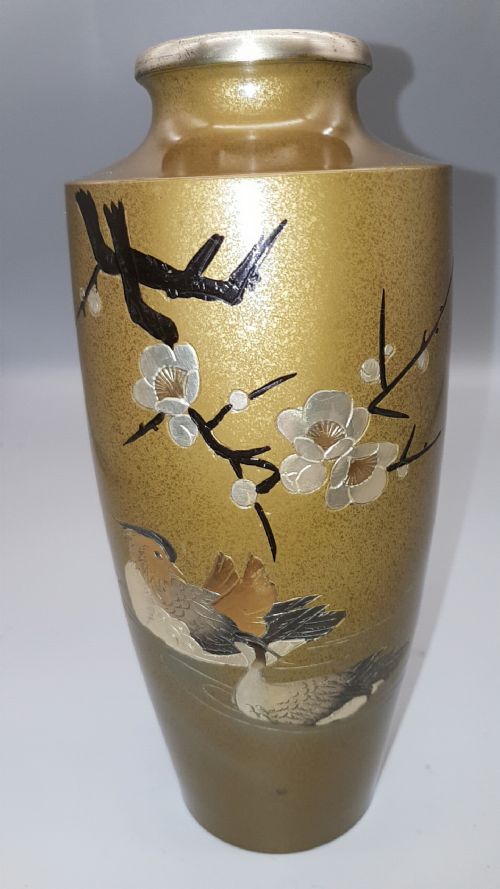 japanese meiji bronze vase with cherry blossom and ducks - CATEGORY: ANTIQUE METAL - DATED 19TH CENTURY