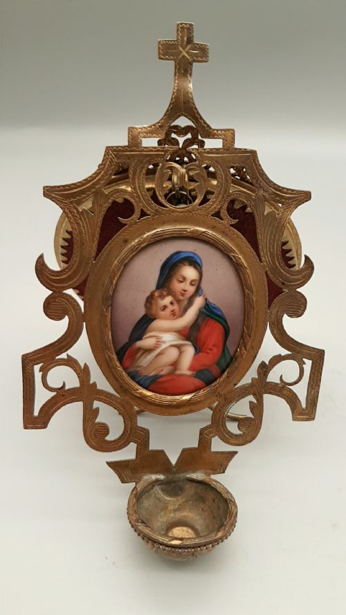 victorian holy water stoup with a handpainted ceramic plaque of the virgin and child - CATEGORY: ANTIQUE CERAMICS - DATED 19TH CENTURY