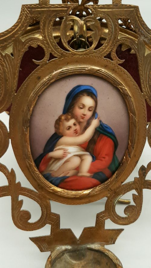 VICTORIAN HOLY WATER STOUP WITH A HANDPAINTED CERAMIC PLAQUE OF THE VIRGIN AND CHILD - ADDITIONAL PHOTO 1