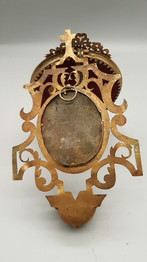 VICTORIAN HOLY WATER STOUP WITH A HANDPAINTED CERAMIC PLAQUE OF THE VIRGIN AND CHILD - ADDITIONAL PHOTO 3