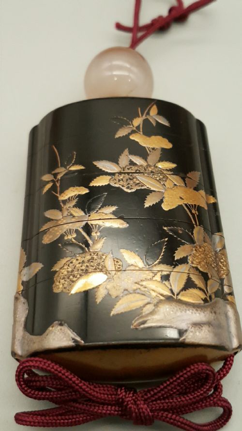 NICE MEIJI LATE 19THC JAPANESE FOURCASE LACQUER INRO DEPICTING FLOWERS AND ROCKS - ADDITIONAL PHOTO 1