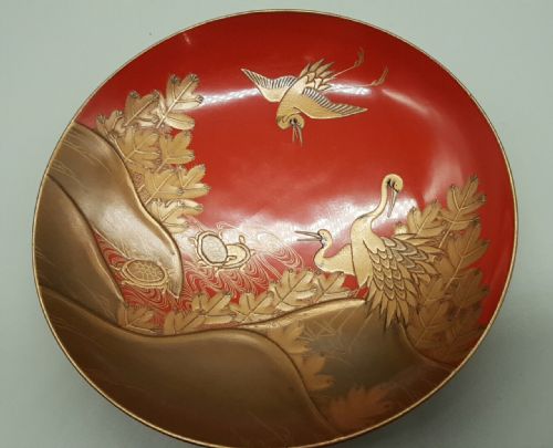 SET OF THREE EXQUISITE JAPANESE MEIJI LACQUER SAKE CUPS CRANES TERRAPINS - ADDITIONAL PHOTO 1