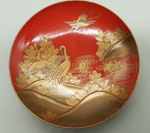 SET OF THREE EXQUISITE JAPANESE MEIJI LACQUER SAKE CUPS CRANES TERRAPINS - ADDITIONAL PHOTO 2