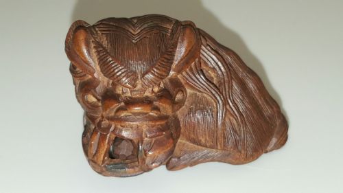 japanese meiji 19thc boxwood netsuke of shishi guarding a sacred ball signed masayoshi - CATEGORY: ANTIQUE SCULPTURES - DATED 19TH CENTURY