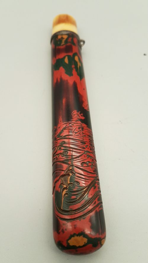 japanese meiji 19thc bamboo pipecase with lacquer carvingad31122 - CATEGORY: ANTIQUE MISCELLANEOUS - DATED 19TH CENTURY