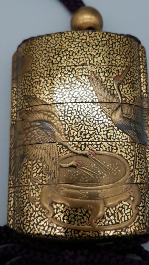 OUTSTANDING JAPANESE MEIJI 19THC GOLD TAKAMAKIE INRO DEPICTING REDCROWNED CRANES - ADDITIONAL PHOTO 1