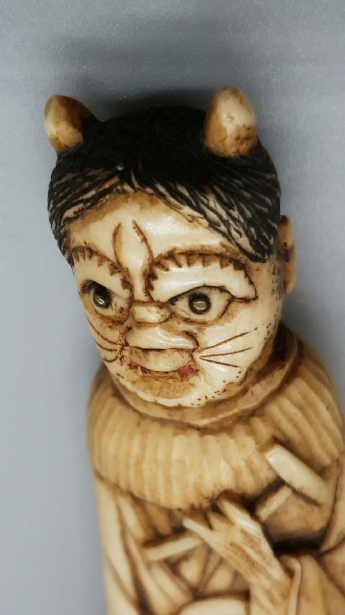 RARE JAPANESE MEIJI 19THC STAG ANTLER NETSUKE OF ONI DEMON - ADDITIONAL PHOTO 6