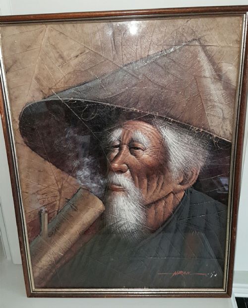 two japanese vintage ca 1960 portraits of an elderly couple painted on leaves - CATEGORY: ANTIQUE ART - DATED 1960