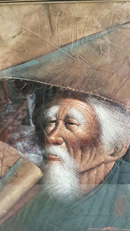 TWO JAPANESE VINTAGE CA 1960 PORTRAITS OF AN ELDERLY COUPLE PAINTED ON LEAVES - ADDITIONAL PHOTO 2