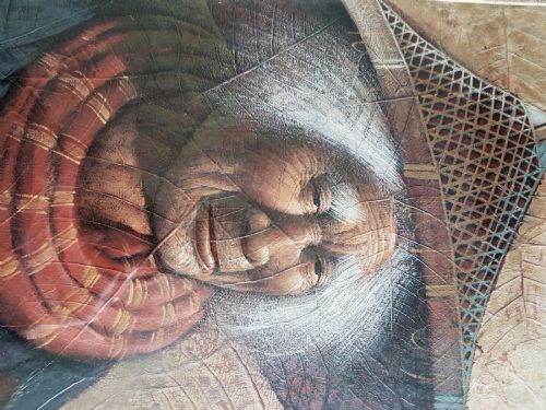 TWO JAPANESE VINTAGE CA 1960 PORTRAITS OF AN ELDERLY COUPLE PAINTED ON LEAVES - ADDITIONAL PHOTO 5