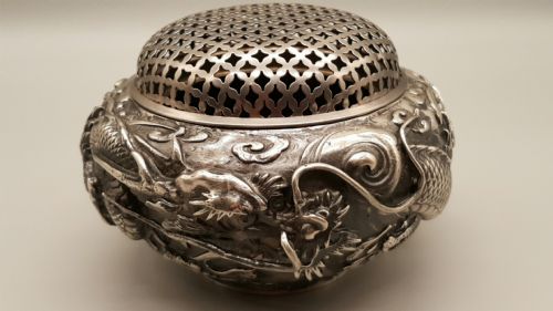 vintage japanese silvered bronze dragon censor - CATEGORY: ANTIQUE SILVER - DATED 1960