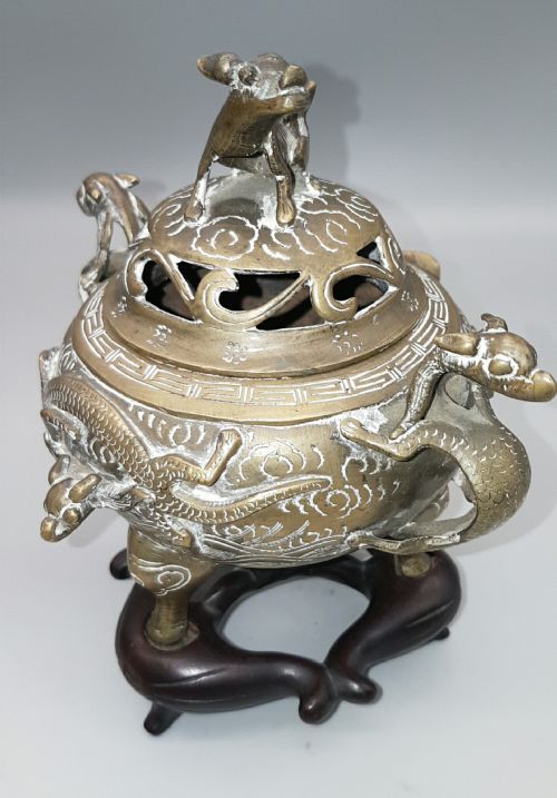 antique 19thc chinese bronze tripod censor with wooden stand - CATEGORY: ANTIQUE METAL - DATED 19TH CENTURY