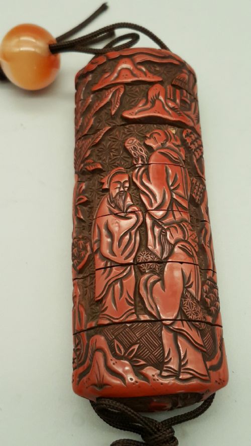 unusual japanese edo 19thc sixcase tsuishu red lacquer inro - CATEGORY: ANTIQUE MISCELLANEOUS - DATED 19TH CENTURY