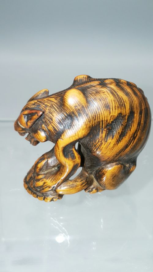 SUPERB JAPANESE EDO 18THC BOXWOOD NETSUKE OF STARVING WOLF WITH A TURTLE - ADDITIONAL PHOTO 1