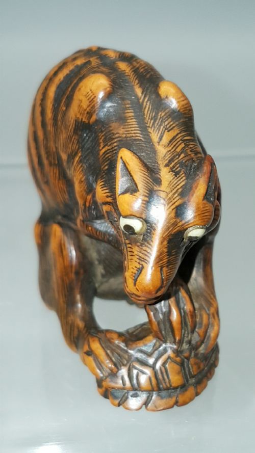 SUPERB JAPANESE EDO 18THC BOXWOOD NETSUKE OF STARVING WOLF WITH A TURTLE - ADDITIONAL PHOTO 2