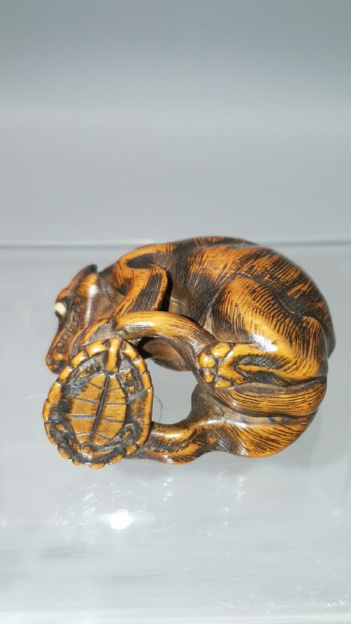 SUPERB JAPANESE EDO 18THC BOXWOOD NETSUKE OF STARVING WOLF WITH A TURTLE - ADDITIONAL PHOTO 4