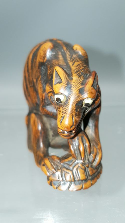 SUPERB JAPANESE EDO 18THC BOXWOOD NETSUKE OF STARVING WOLF WITH A TURTLE - ADDITIONAL PHOTO 5