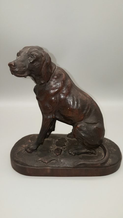 fine quality vintage carved wooden figure of a standing hunting dog by hans hugglerseiler 18801975 - CATEGORY: ANTIQUE SCULPTURES - DATED 1940