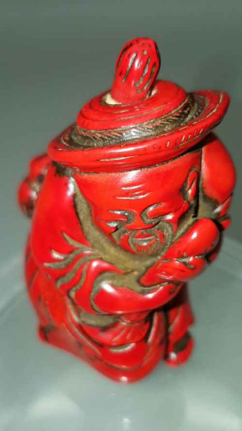 rare 19thc chinese red coral carving of a fishman holding a fish - CATEGORY: ANTIQUE SCULPTURES - DATED 19TH CENTURY