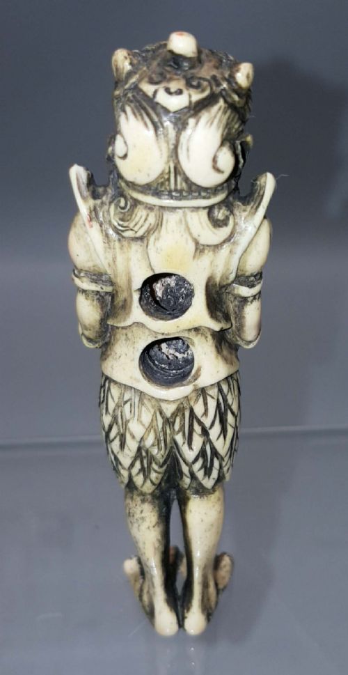OUTSTANDING JAPANESE MEIJI STAG ANTLER SASHI NETSUKE OF THE ONI KING SHUTENDOJI - ADDITIONAL PHOTO 1