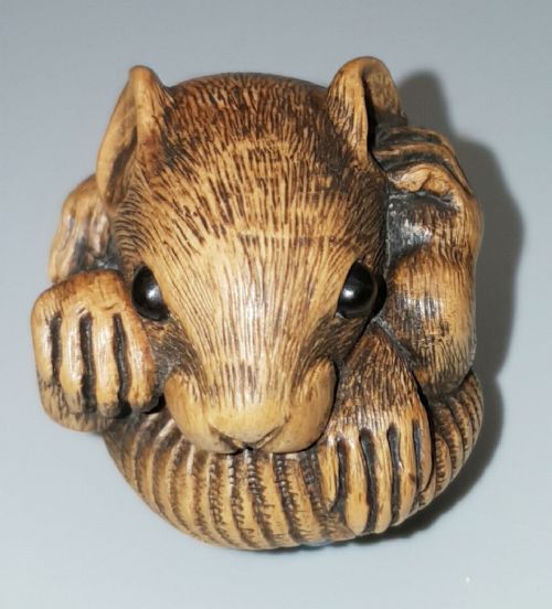 charming japanese meiji late 19thc boxwood netsuke of a coiled rat signed masanao - CATEGORY: ANTIQUE SCULPTURES - DATED 19TH CENTURY