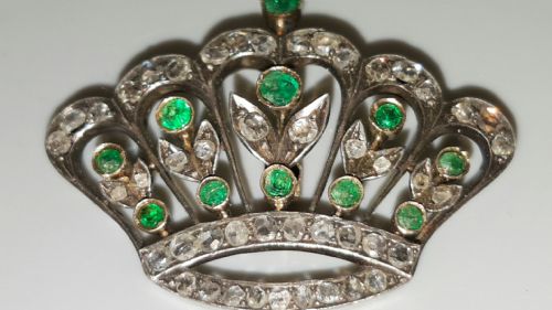 VICTORIAN ANTIQUE CROWN GOLDPLATINUM PENDANT SET WITH DIAMONDS EMERALDS - ADDITIONAL PHOTO 2