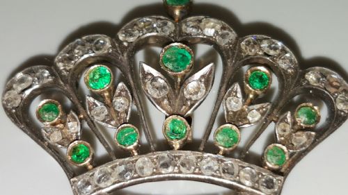 VICTORIAN ANTIQUE CROWN GOLDPLATINUM PENDANT SET WITH DIAMONDS EMERALDS - ADDITIONAL PHOTO 3