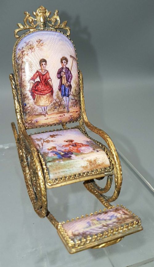 lovely antique miniature french enamel gilt metal toy rocking chair - CATEGORY: ANTIQUE MISCELLANEOUS - DATED 19TH CENTURY