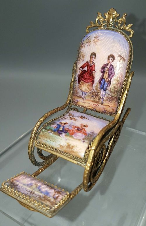 LOVELY ANTIQUE MINIATURE FRENCH ENAMEL GILT METAL TOY ROCKING CHAIR - ADDITIONAL PHOTO 1