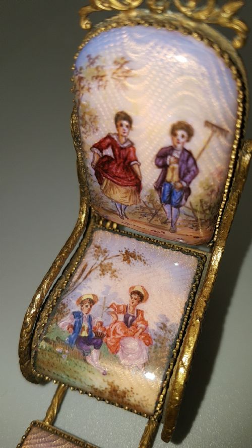 LOVELY ANTIQUE MINIATURE FRENCH ENAMEL GILT METAL TOY ROCKING CHAIR - ADDITIONAL PHOTO 4