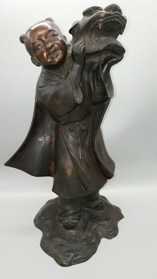 superb japanese antique early 20thc bronze boy dragon dance hozan yoshiyama - CATEGORY: ANTIQUE SCULPTURES - DATED 1910
