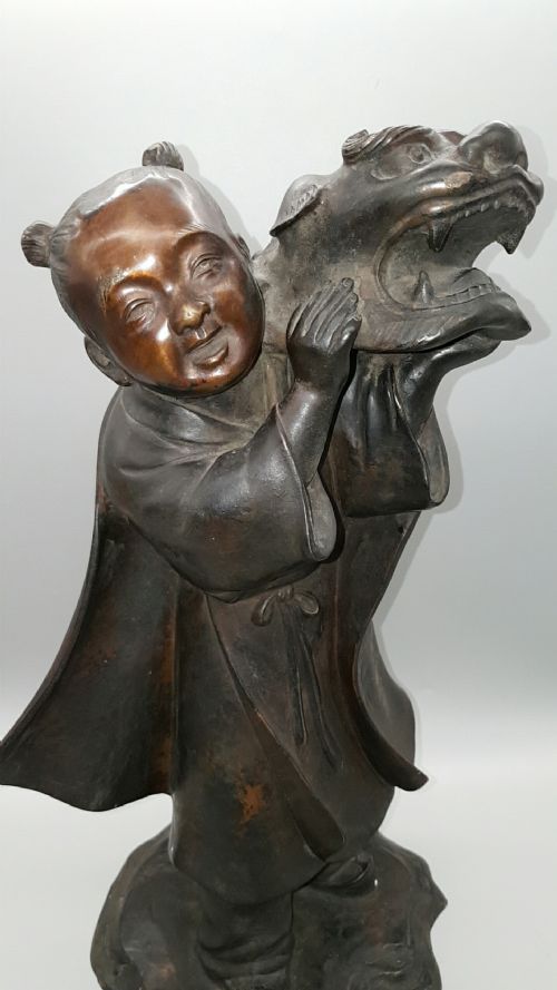 SUPERB JAPANESE ANTIQUE EARLY 20THC BRONZE BOY DRAGON DANCE HOZAN YOSHIYAMA - ADDITIONAL PHOTO 1