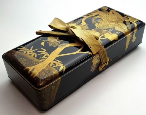 Beautiful Japanese Meiji (19thc) Lacquer Letter Box (Fubako) with Lovely Phoenix & Pine Tree Decoration
