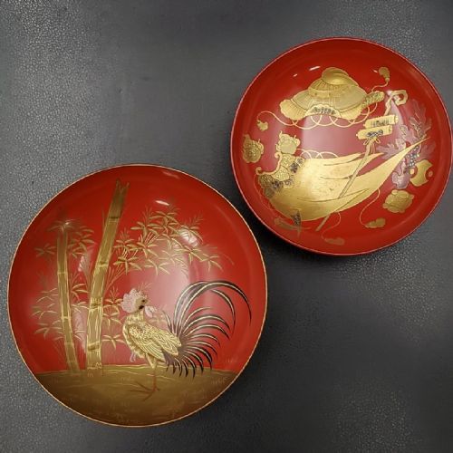 striking pair of large japanese meijitaisho early 20thc lacquer sake cups sakazuki - CATEGORY: ANTIQUE MISCELLANEOUS - DATED 1910