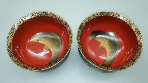 stunning pair of japanese taishoshowa lacquer sake cup washing bowls haisen - CATEGORY: ANTIQUE MISCELLANEOUS - DATED 1910