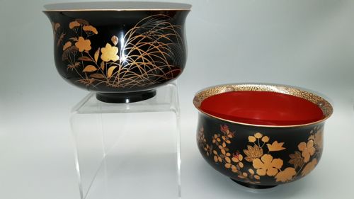 STUNNING PAIR OF JAPANESE TAISHOSHOWA LACQUER SAKE CUP WASHING BOWLS HAISEN - ADDITIONAL PHOTO 1