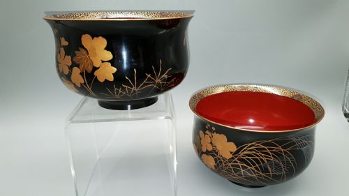 STUNNING PAIR OF JAPANESE TAISHOSHOWA LACQUER SAKE CUP WASHING BOWLS HAISEN - ADDITIONAL PHOTO 2