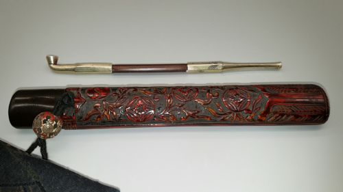 LOVELY JAPANESE MEIJI 19THC SMOKING ENSEMBLE OF TOBACCO POUCH PIPE AND PIPECASE - ADDITIONAL PHOTO 1