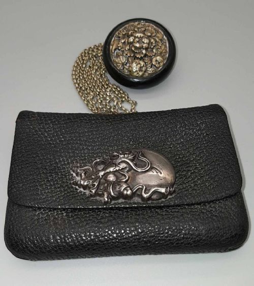 japanese meiji 19thc tobacco or coin pouch fukuro with sterling clasp kanemono manju netsuke - CATEGORY: ANTIQUE MISCELLANEOUS - DATED 19TH CENTURY