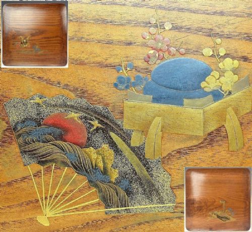 RARE JAPANESE MEIJI OR TAISHO EARLY 20THC SET OF FIVE LACQUERED KEYAKI ZELKOVA TREE WOOD ROUNDED SQUARE TRAYS - ADDITIONAL PHOTO 1