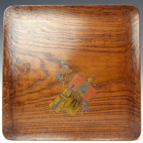 RARE JAPANESE MEIJI OR TAISHO EARLY 20THC SET OF FIVE LACQUERED KEYAKI ZELKOVA TREE WOOD ROUNDED SQUARE TRAYS - ADDITIONAL PHOTO 2