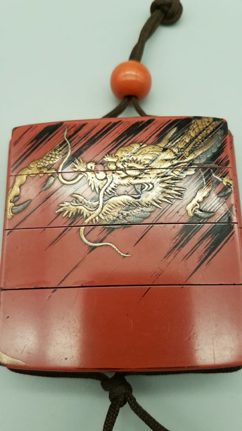 rare japanese edo 19thc redlacquer threecase square inro by kajikawa - CATEGORY: ANTIQUE MISCELLANEOUS - DATED 19TH CENTURY