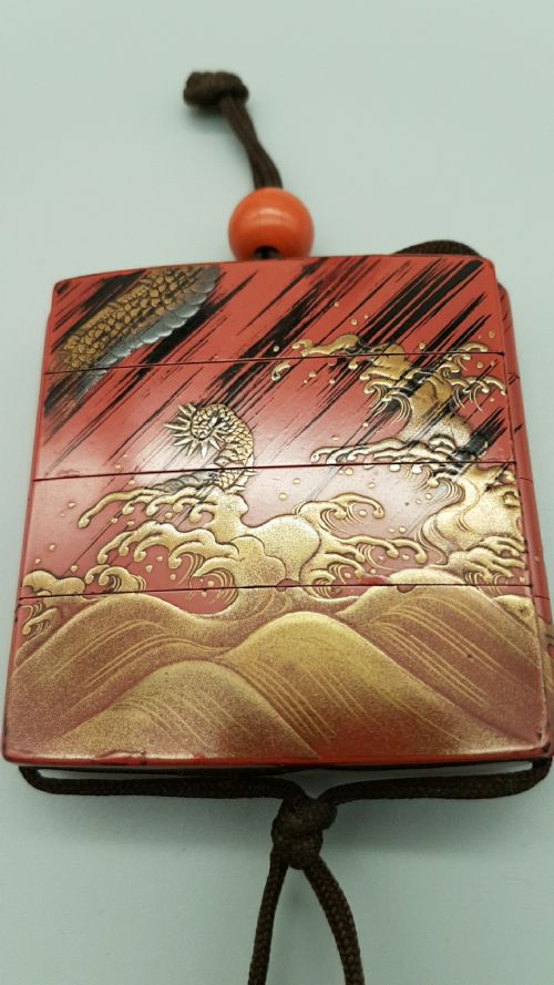 RARE JAPANESE EDO 19THC REDLACQUER THREECASE SQUARE INRO BY KAJIKAWA - ADDITIONAL PHOTO 1