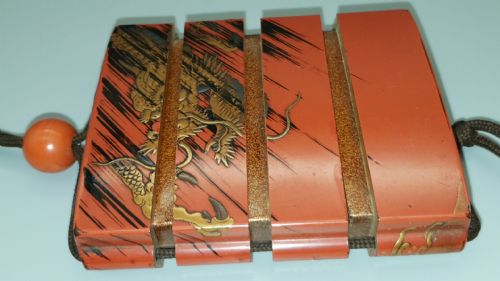 RARE JAPANESE EDO 19THC REDLACQUER THREECASE SQUARE INRO BY KAJIKAWA - ADDITIONAL PHOTO 7